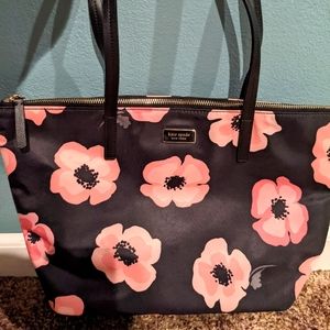 KATE SPADE HAYDEN FLOATING POPPIES ZIP NYLON TOTE SHOULDER BAG BLACK PINK FLORAL